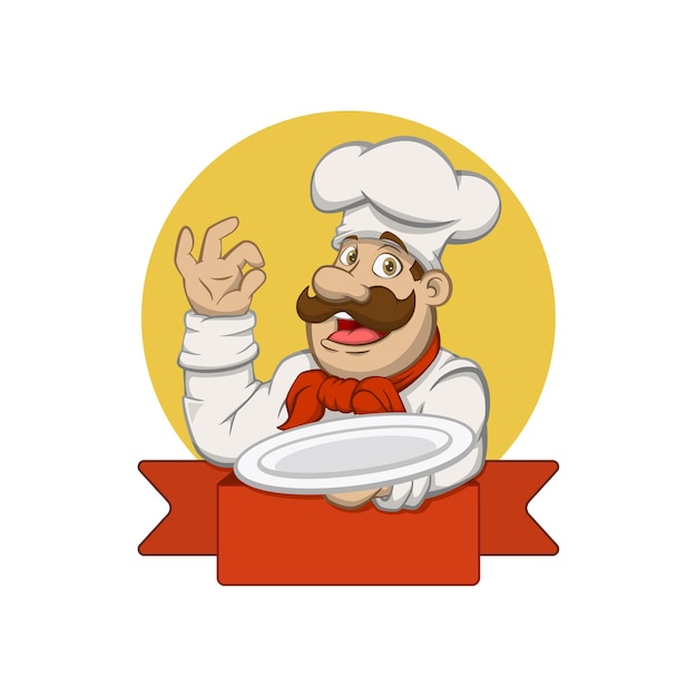 Chef segurando um prato no braço esquerdo do logotipo do mascote