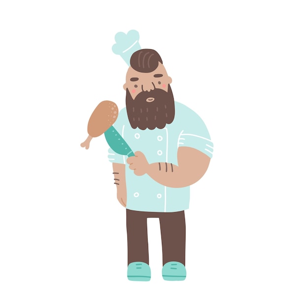 Chef segurando uma faca e uma coxa de frango, personagem de cozinheiro masculino legal com ilustração vetorial plana de barba