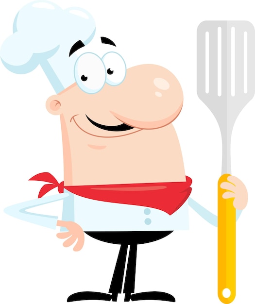 Vetor chef sorridente personagem de desenho animado segurando uma grande espátula