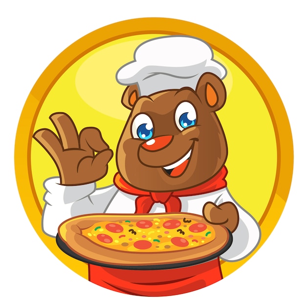 Chef urso mascote, trazendo pizza