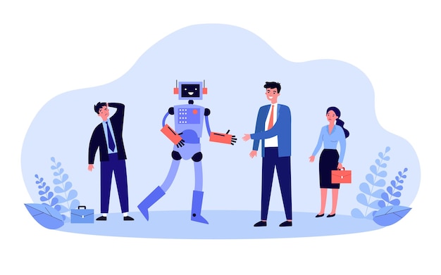 Chefe apertando a mão do robô, perto de trabalhadores de escritório. AI substituindo ilustração vetorial plana de funcionários humanos. Desemprego, conceito de automação para banner, design de site ou página de destino