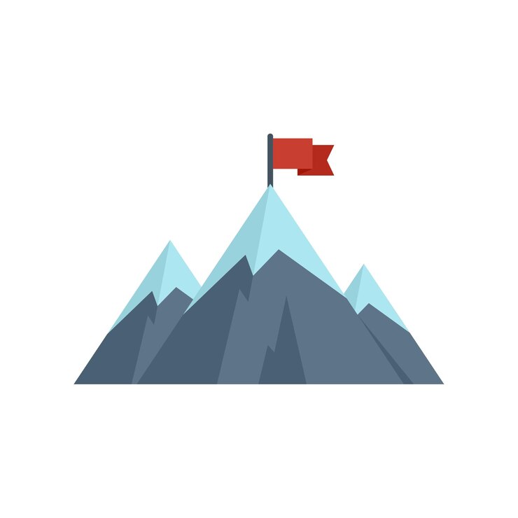 Vetor chegando ao topo da montanha com a bandeira vermelha a agitar no vento
