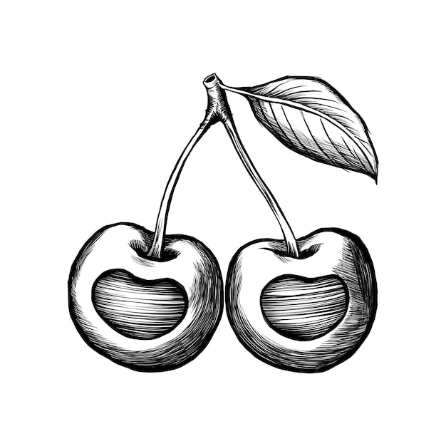 Vetor cherry monochrome ink sketch vector drawing engraving style illustration
