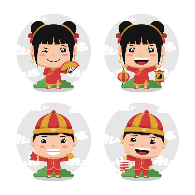Chibi chinês com trajes tradicionais e celebrando o ano novo
