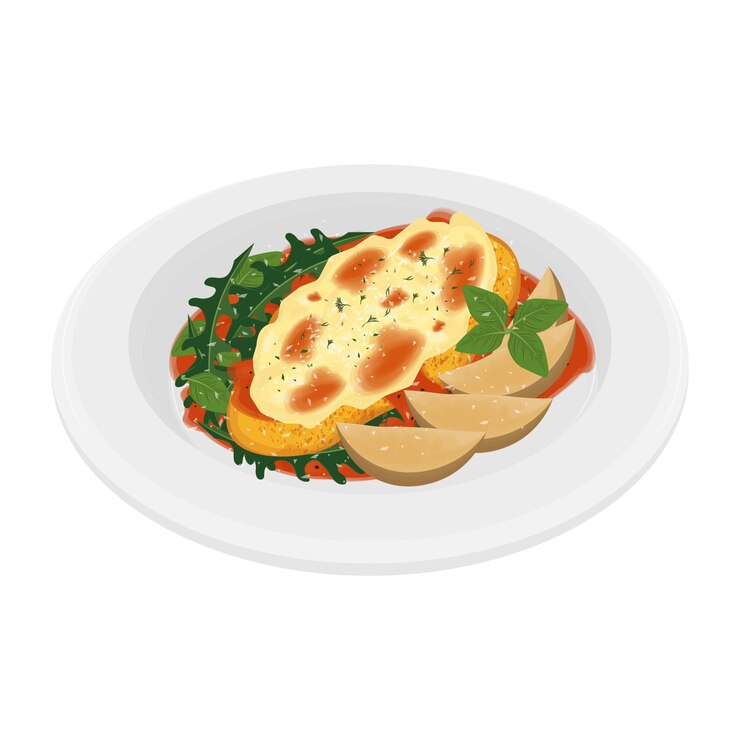 Vetor chicken parmigiana ou chicken parmesan com batata frita e salada de legumes