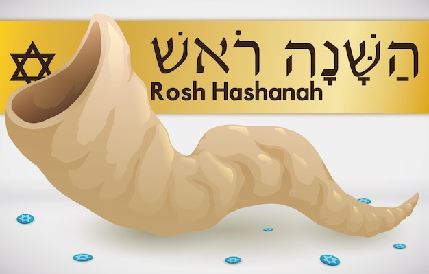 Chifre de shofar e confete com o desenho da estrela de david para celebrar rosh hashanah ou ano novo judaico