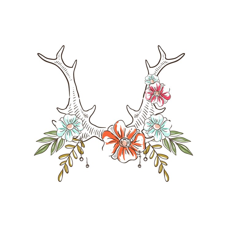 Vetor chifres com flores e plantas mão desenhada composição floral com ilustração vetorial de chifres de veado em um fundo branco