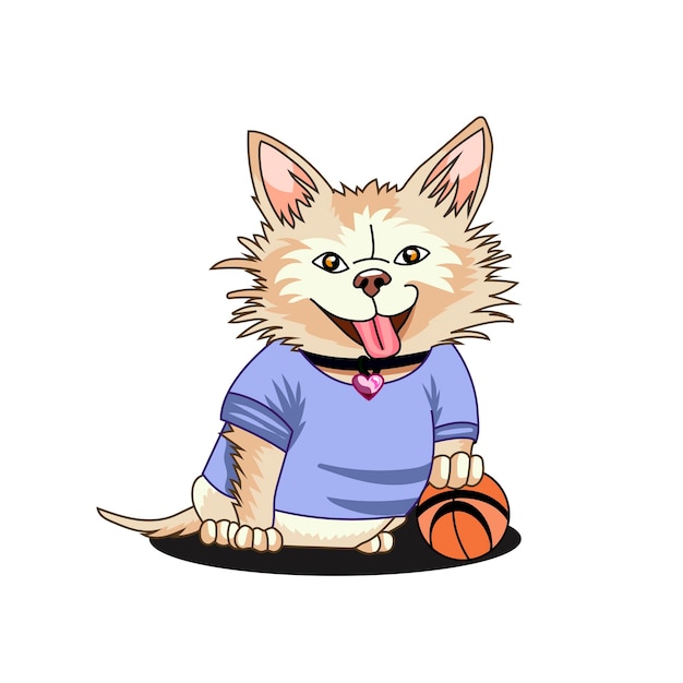 Chihuahua feliz com uma bola laranja em um fundo branco Ilustração vetorial de esportes de cachorro isolada