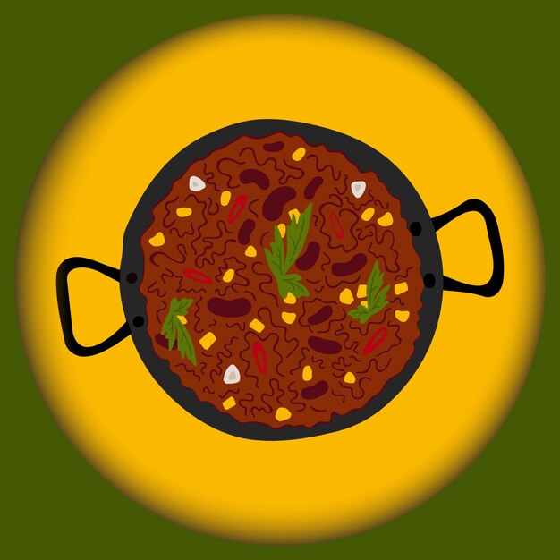 Vetor chili con carne em uma panela de ferro fundido em um fundo de estilo de corte de papel tradicional mexicano comida picante eps vector design para saudações ou cartões de convite cartaz banner folhetos ou menu de bar café