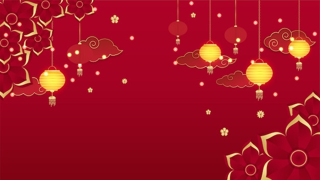 China chinesa universal fundo vermelho e dourado com lanterna, flor, árvore, símbolo e padrão. Modelo de plano de fundo chinês de corte de papel vermelho e dourado