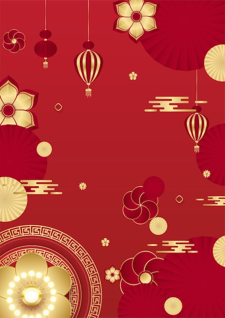 Vetor china chinesa universal fundo vermelho e dourado com lanterna, flor, árvore, símbolo e padrão. modelo de plano de fundo chinês de corte de papel vermelho e dourado