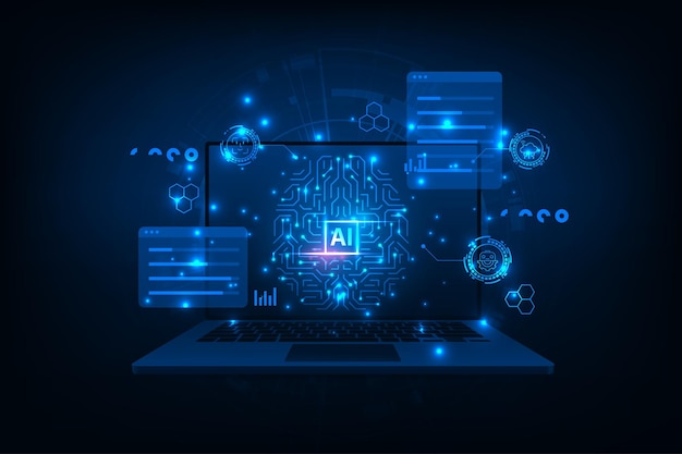 Chip de inteligência artificial em um monitor de portátil Background de inovação em tecnologia digital abstrata