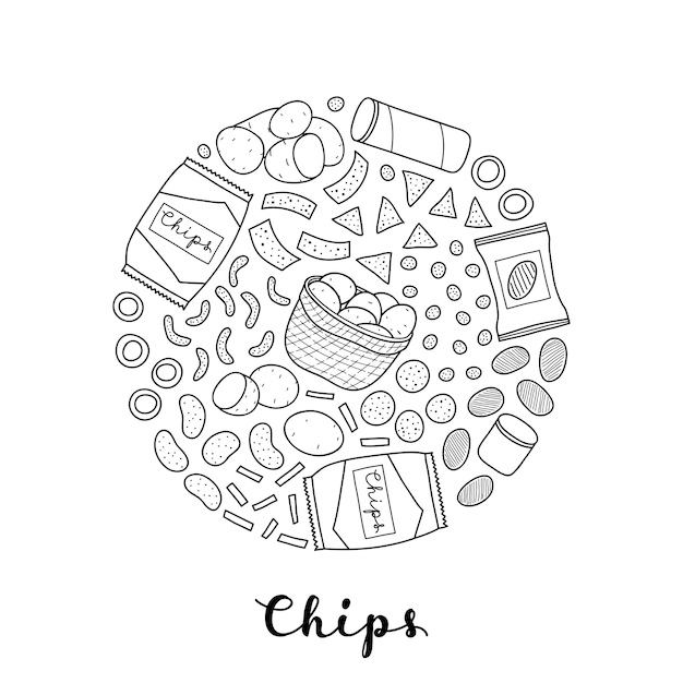 Chips desenhados à mão e pacotes em círculo