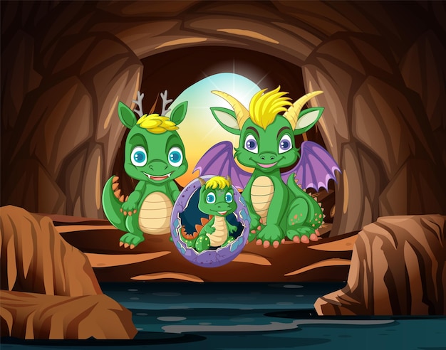 Vetor chocando o bebê dragão na caverna