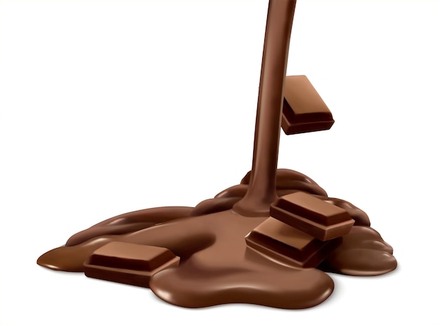 Chocolate delicioso fluindo sobre as barras de chocolate isoladas em fundo branco em ilustração 3d