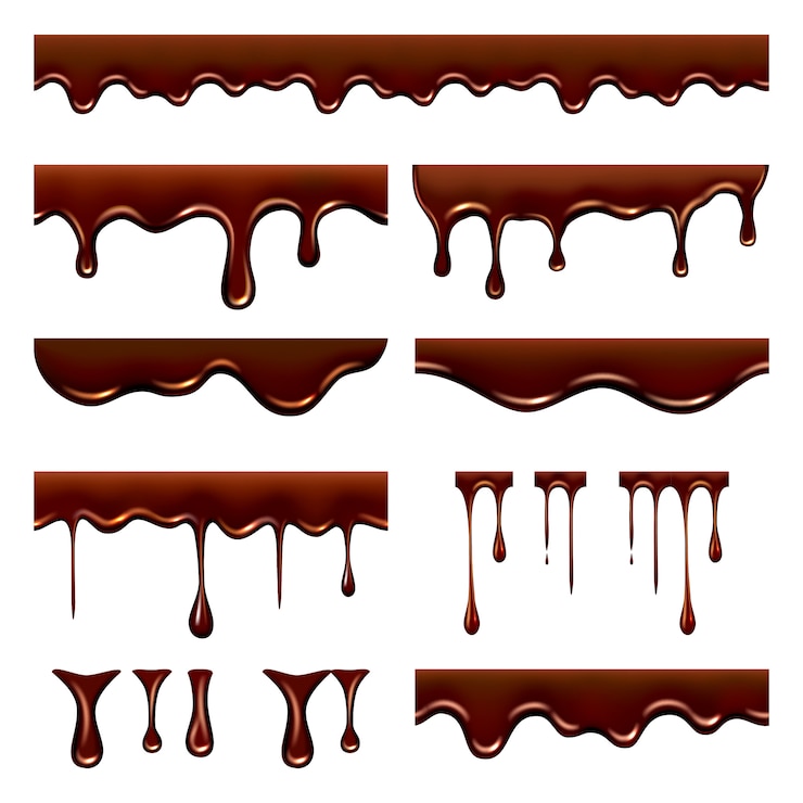 Vetor chocolate escorria. comida líquida fluida doce com salpicos e gotas de imagens realistas de cacau caramelo