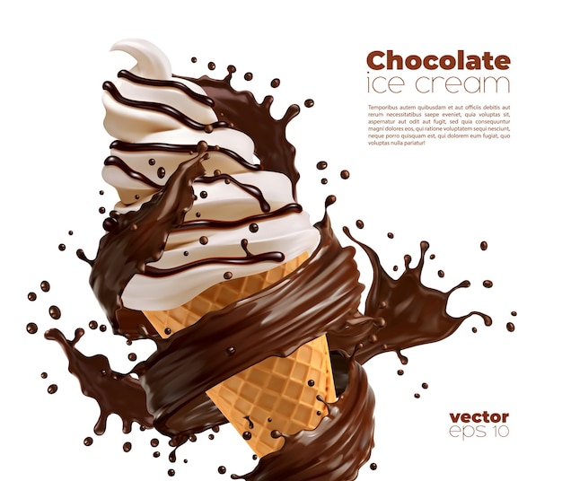Vetor chocolate isolado serve sorvete no cone de waffle