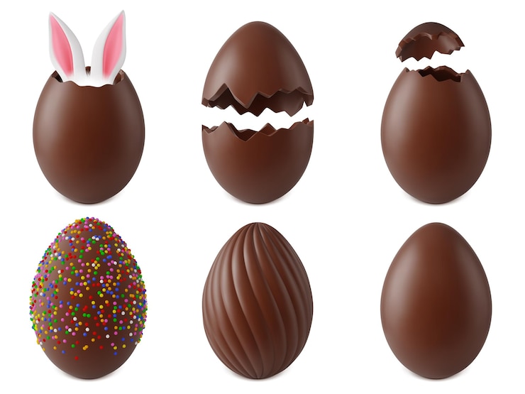 Vetor chocolate ovos de páscoa realistas ovos surpresa de páscua 3d crianças chocolates rachados doces símbolo quebrado com orelhas de coelho conjunto vetorial conciso