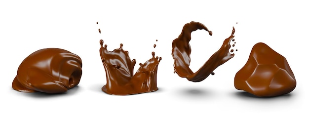 Chocolate realista em diferentes formas, massa espessa de manteiga, molho líquido, esmaltado.