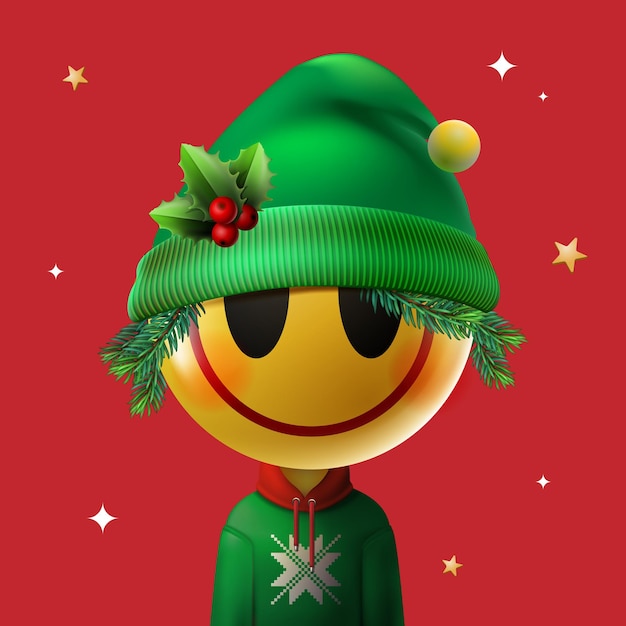 Vetor christmas elf emoji rosto sorridente e elementos de decoração de férias. ilustração vetorial