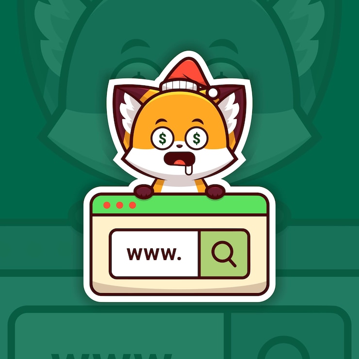 Vetor christmas fox com olhos em forma de dinheiro segurando um web search icon sticker design vector