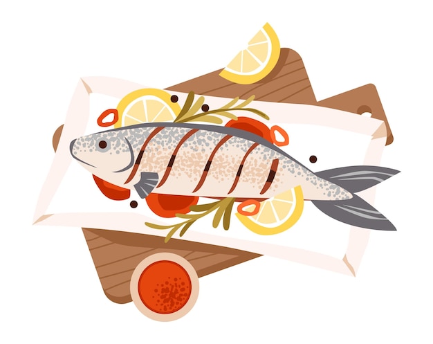 churrasco com peixe e legumes grelhados comida de churrasco grelhada ervas e molhos Ilustração vetorial plana