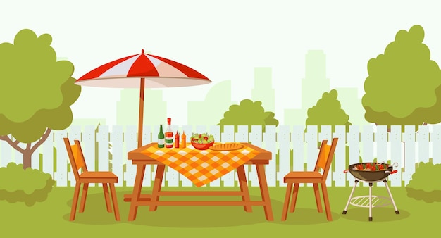 Vetor churrasco de verão ao ar livre no quintal com comida de guarda-chuva de móveis na grelha ilustração de móveis de churrasco jardim de verão