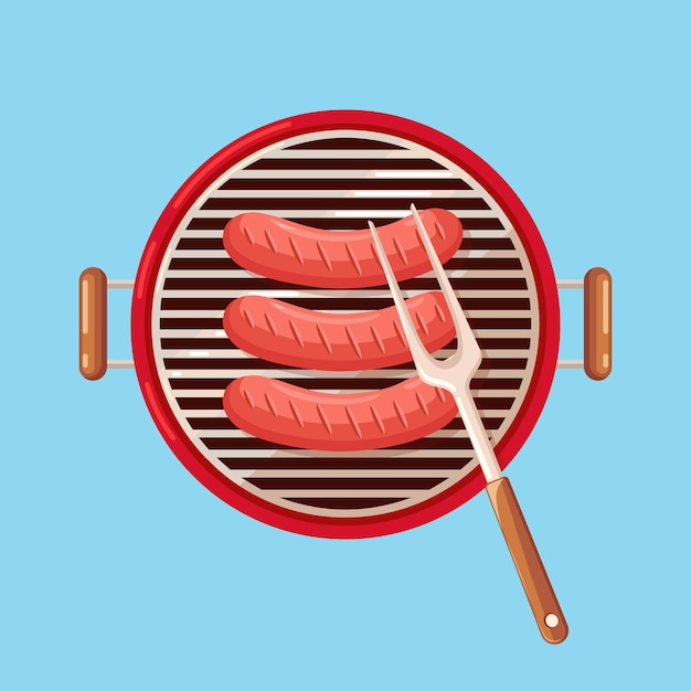 Churrasqueira redonda portátil com linguiça quente grelhada.