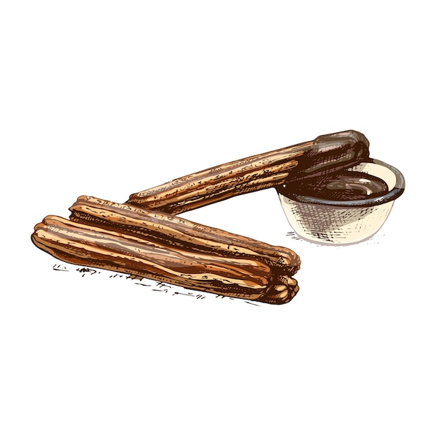 Vetor churros e tigela com chocolate quente. ilustração em vetor vintage cor para incubação. isolado em um fundo branco. desenho de mão desenhada para sobremesa espanhola tradicional de menu.