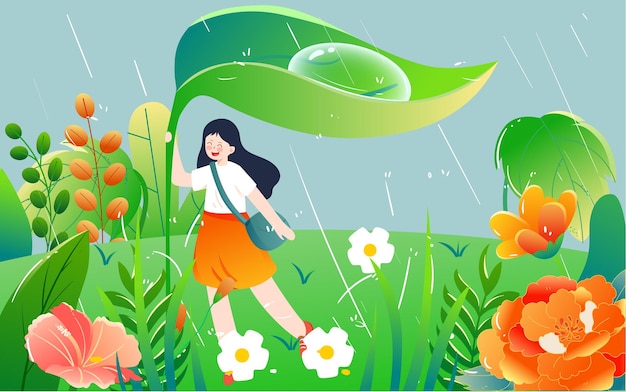 Chuva ilustração termo solar menina primavera dia chuvoso deixa cartaz de atividade