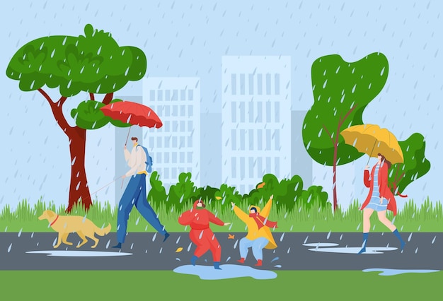 Chuva na ilustração vetorial da cidade personagem de pessoas planas anda no mau tempo do outono mulher homem pessoa segura guarda-chuva na estação chuvosa