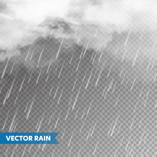 Chuva realista com nuvens em fundo transparente queda de chuva gotas de água efeito de outono chuvoso úmido