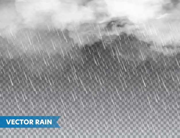 Chuva realista com nuvens em fundo transparente queda de chuva gotas de água efeito de outono chuvoso úmido