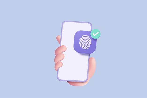 Vetor cibernética de impressão digital 3d segura na mão segurando o telefone móvel conceito de segurança digital digitalização do dedo para identidade de autorização vetor de sinal de digitalização de impressão digital 3d render ilustração em fundo azul