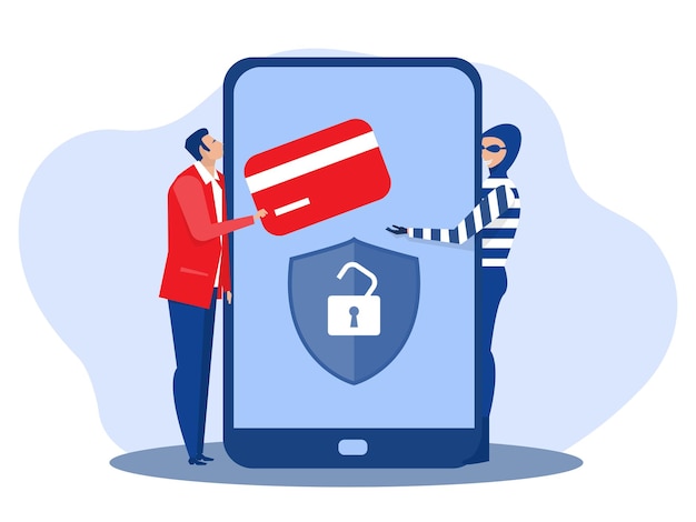 Vetor cibersegurança de hackers, roubo de dinheiro digital ataca cartão de crédito de aplicativos de clientes masculinos