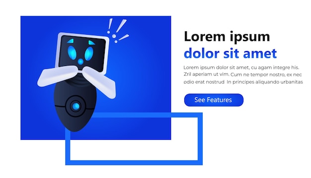Ciborgue de robô frustrado com pontos de exclamação ajuda serviço de suporte faq problema conceito de tecnologia de inteligência artificial cópia horizontal espaço ilustração vetorial