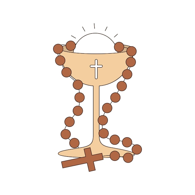 cibório com Jesus Eucaristia e desenho de rosário isolado sobre ilustração vetorial de fundo branco