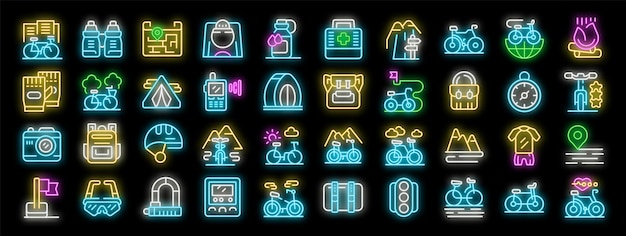 Ciclista viajando com bicicleta nas montanhas e carregando uma mochila com ícones de néon