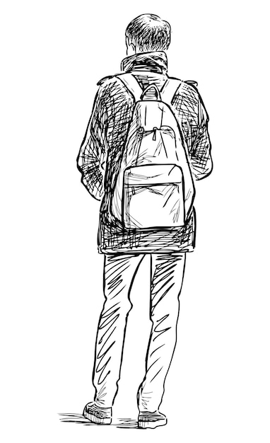 Cidadão casual moden jovem com mochila de pé ao ar livre alonevector esboço isolado em branco