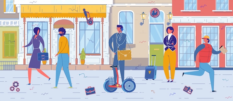 Vetor cidadão urbano usando giroscópio como veículo da cidade e andando