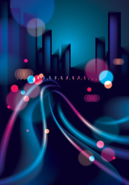 Vetor cidade à noite com ilustração vetorial de textura bokeh de luzes borradas. fundo bonito do vetor do efeito. desfocar o fundo escuro colorido com paisagem urbana, skyline de silhuetas de edifícios.