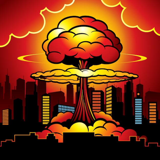 Vetor cidade ardente com explosão nuclear da bomba atômica.