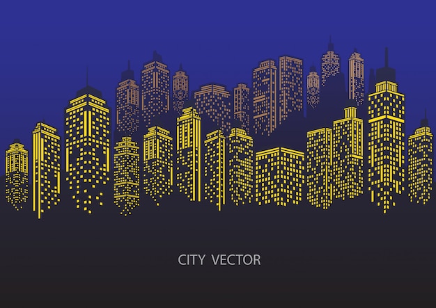 Cidade da noite Paisagem urbana. Silhueta da cidade azul.