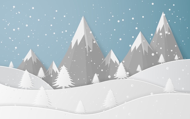 Vetor cidade da paisagem da neve do inverno ano novo feliz e feliz natal, arte de papel e estilo do ofício.