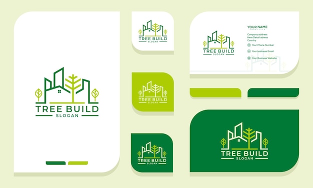 Cidade de construção de paisagem natural com design de logotipo de árvore e cartão de visita