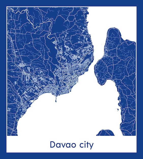 Vetor cidade de davao, filipinas, ásia, mapa da cidade, ilustração vetorial de impressão azul