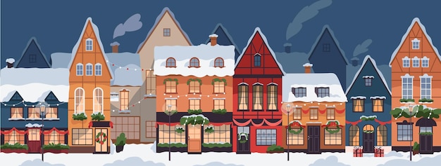 Cidade de inverno com casas na neve decoradas para o Natal Rua vazia da Europa cidade com edifícios residenciais luzes nas janelas na noite de férias panorama urbano europeu Ilustração vetorial plana