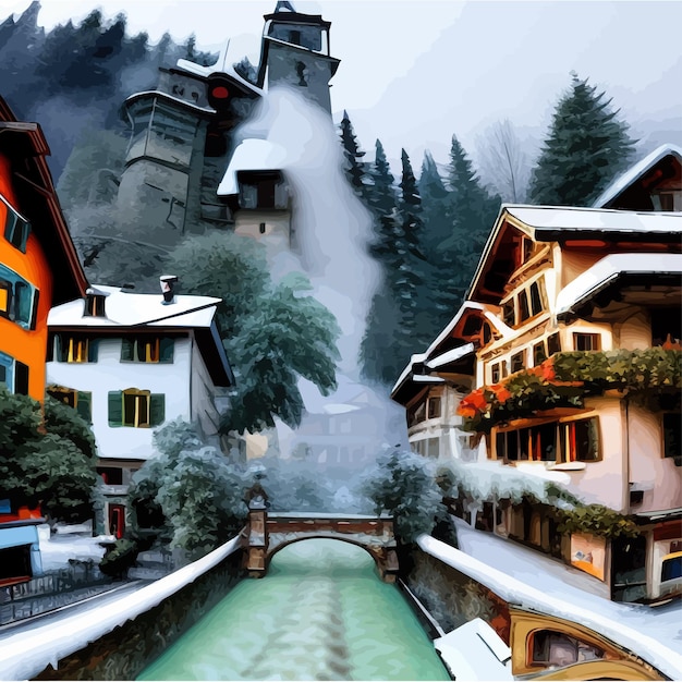 Vetor cidade de inverno com ponte sobre o rio ao lado de uma grande floresta de pinheiros contra a fantasia de montanhas como pano de fundo