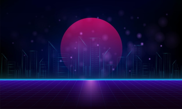 Cidade de neon de fundo cyberpunk futurista Sol do sol na paisagem cibernética de retroonda de superfície