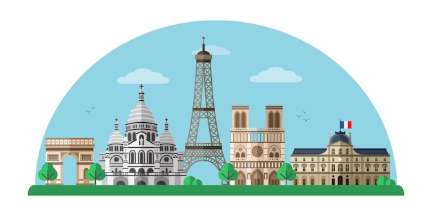 Vetor cidade de paris com a torre eiffel, notre dame, capital da frança